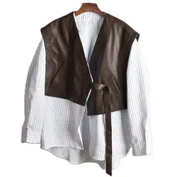 2023 Autumn New Loose Fashion Genuine Leather Vest Women's Sheep Leather Waistcoat Irregular Two Piece Sets Y4180