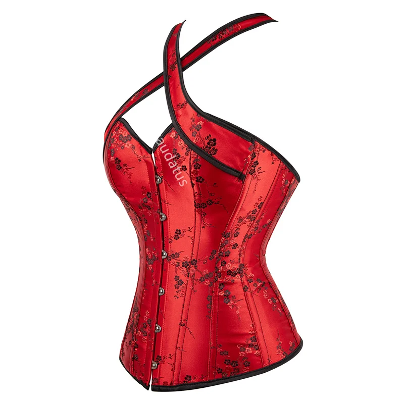 Red Corset Top Bustier Halter Strap Embroidery Flower Plus Size Overbust Burlesque Sexy Lingerie Women Black DropShipping