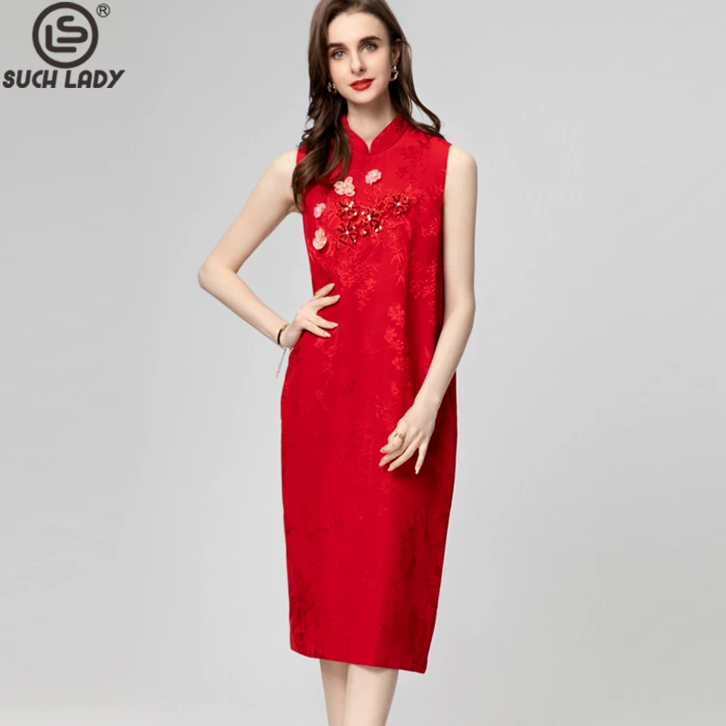 

Women's Runway Dresses Stand Collar Sleeveless Appliques Dobby Elegant Vintage Mid Vestidos