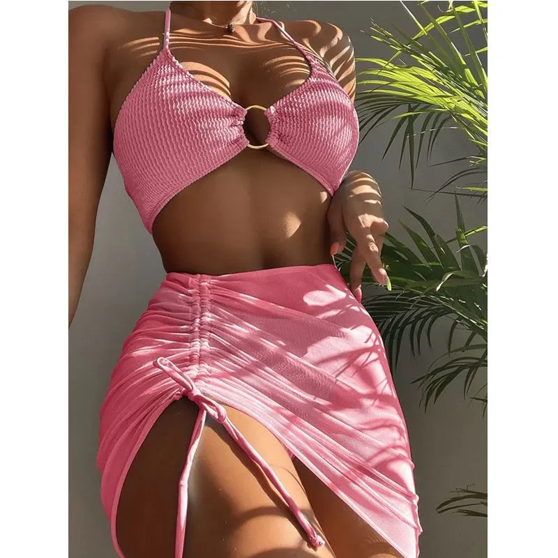 Women Swimsuit 3 Piece Bathing Suits Bikini Skirt Set With Skirts Cover Up  Swimwear Solid Sexy Hanging Three-piece Set Bikini