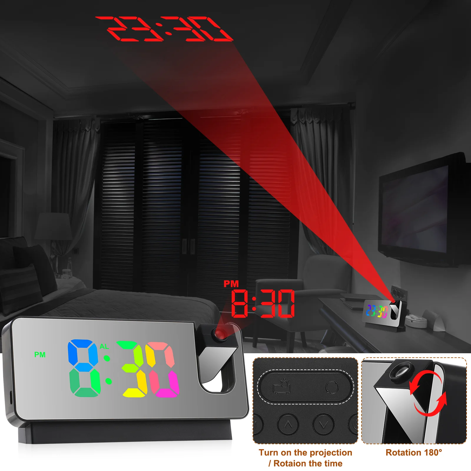 

Projection Alarm Clock Led Digital Clock Projection on Ceiling Wall Temperature Date Display Bedside Clock for Bedroom White