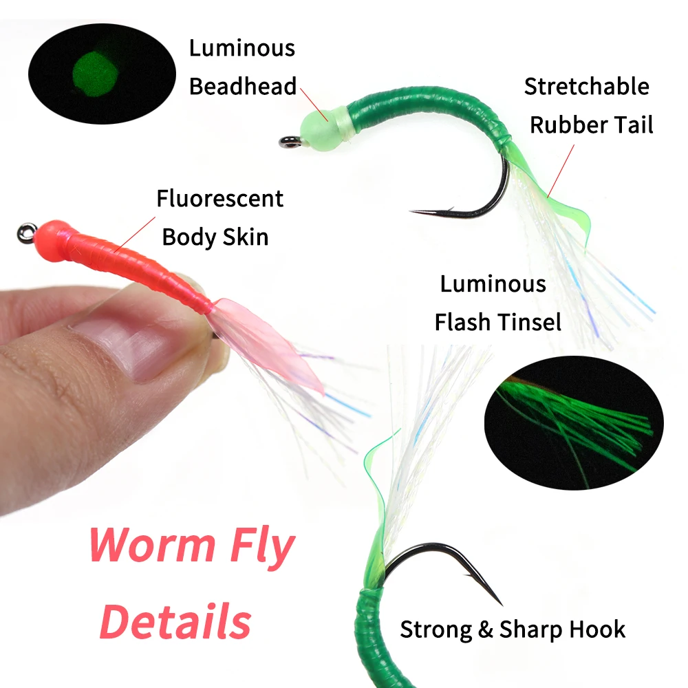 ICERIO Fly Fishing Luminous Worm & Sabiki Rig Hooks with Rubber Tail Glow  Tinsel Trout Steelhead Salmon Pike Mackerel Lure Bait