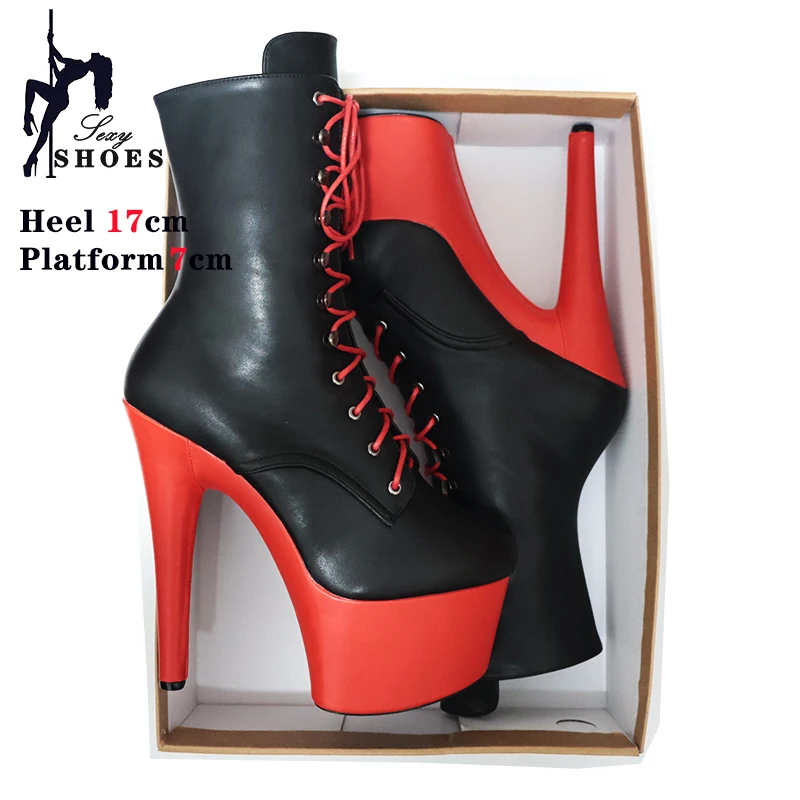 Fashion Sexy Knight Female 7 Inch High Heel Platform Ankle Boots for Women Autumn Winter Shoes 17cm Red Black Pole Dancing Boots