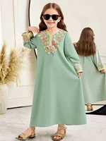 Robe vintage pour fille avec broderie dorée, dentelle motif épi de blé et appliques brodées de fleurs, convient aux enfants de 4 à 12 ans, polyvalente pour la maison, les tenues décontractées et les sorties 1