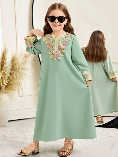Robe vintage pour fille avec broderie dorée, dentelle motif épi de blé et appliques brodées de fleurs, convient aux enfants de 4 à 12 ans, polyvalente pour la maison, les tenues décontractées et les sorties 1