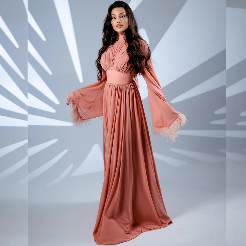 Jersey Feather Draped Celebrity Straight High Collar Bespoke Occasion Gown Long Dresses