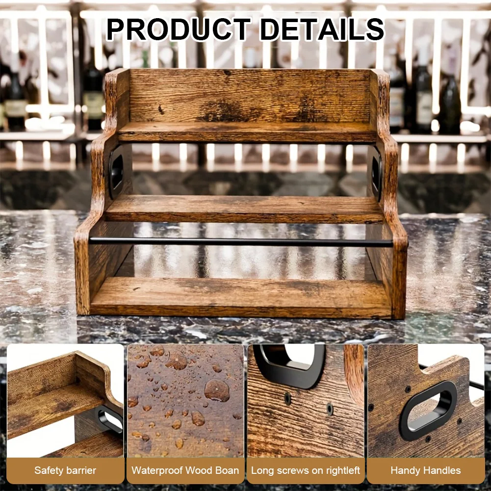 Liquor Bottle Display Shelf 3 Step Countertop Wine Rack Retro Bar Shelf Stand for Liquor Whiskey Spirits