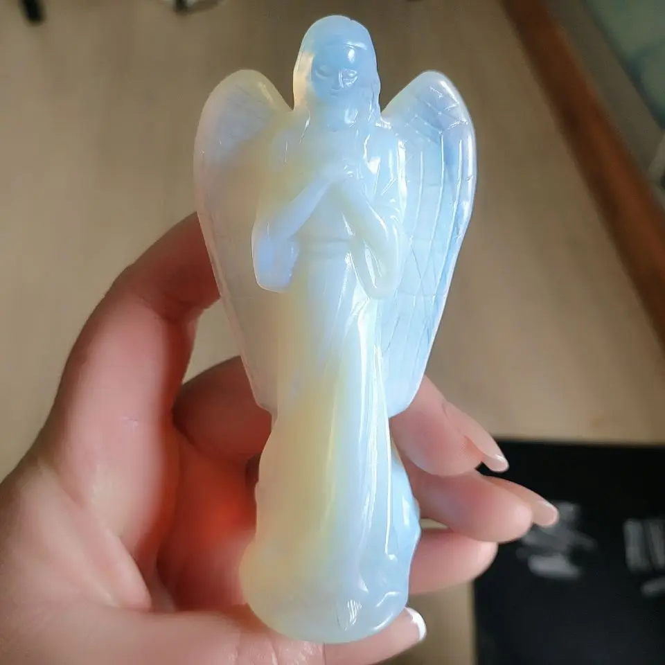 

Natural Albumin stone Angel Statue Stone Carving Natural opal Crystal Reiki Healing Figurine Home Decoration Trinket Craft Gift