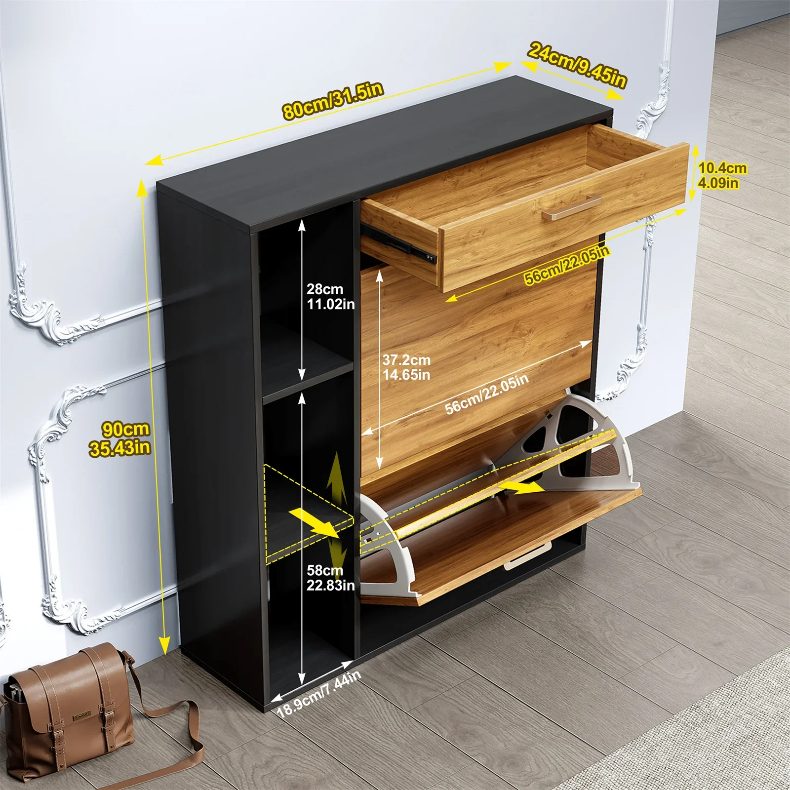 Schuhschrank mit Verstellbaren Regalen Holz-Schuhschrank 2 Klappbare Schubladen Absenkbarer Schuhaufbewahrungsorganizer Schrank – Detail 9