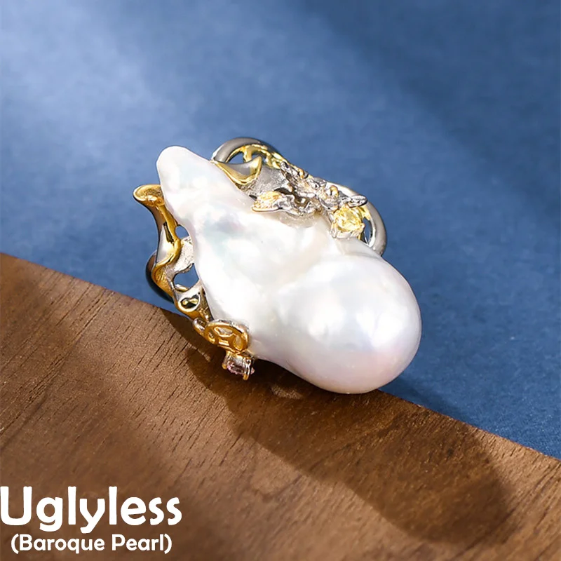 

Uglyless Stunning Huge Baroque Pearls Rings Women Natural Organic Gemstones Wide Rings Real 925 Silver Unusual Jewelry Zircons