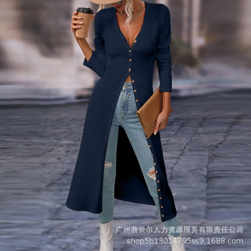 

Thin Coat Cardigan Dress Single Breasted Y2K Button Long Cardigan Dress Women Long Sleeve Sunken Stripe Long Casual Dress