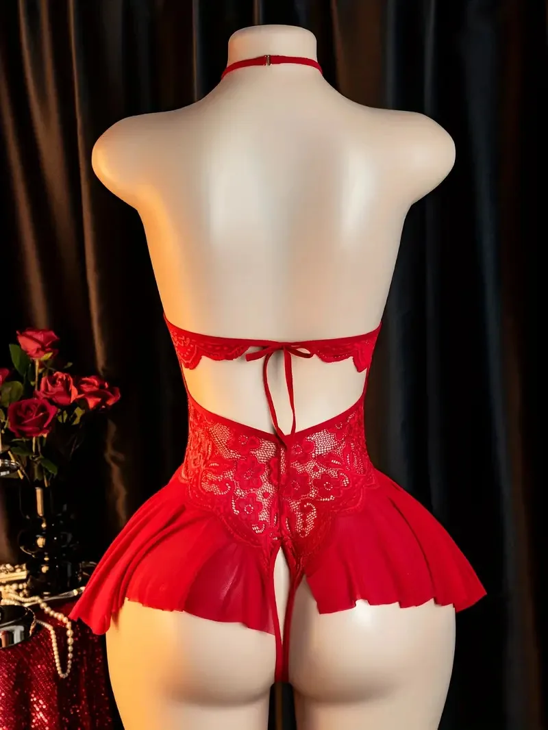 HeartCaptor Women Red V-neck Transparent Teddy Bodysuit Lace Lingerie Nightwear - Details 4