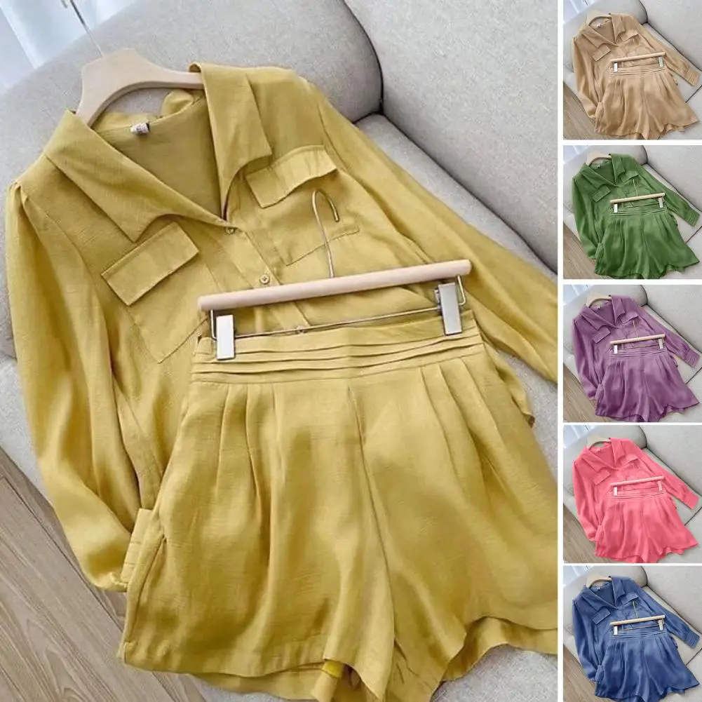 

2 Pcs/Set Women Shirt Shorts Set Single-breasted Loose Elastic Waist Long Sleeve Lapel Patch Pockets Soft Lady Top Shorts Set