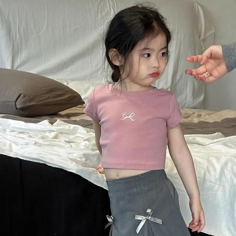 

2024 Summer New Children Short Sleeve T Shirts Kids Girls Cute Bow Backless Tee Baby Embroidery Cotton Tops Toddler Clothes