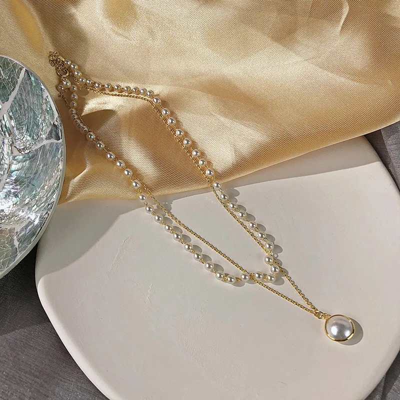 Kiss Jewelry Vintage Gold Color Pearl Beaded Necklace Women Double Chains Pearl Pendant Choker Korean Fashion