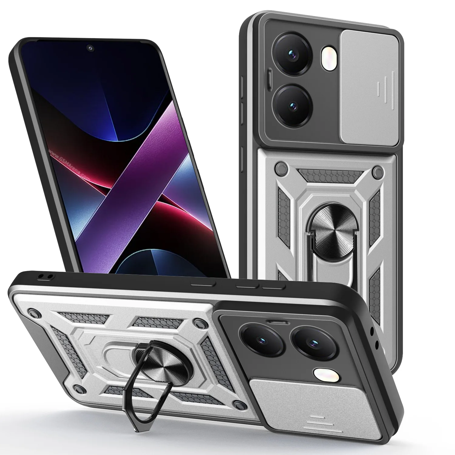 Armor Slide Camera Lens Protection Case with Ring Stand and Shockproof Design