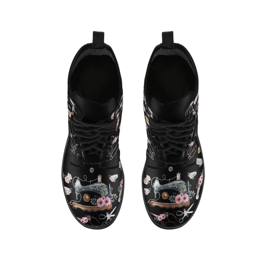 Casual Women's Rubber Sole Ankle Boots Sewing Machine Pattern Autumn Winter Ladies Leather Boots Lace-up Boots Print On Demand