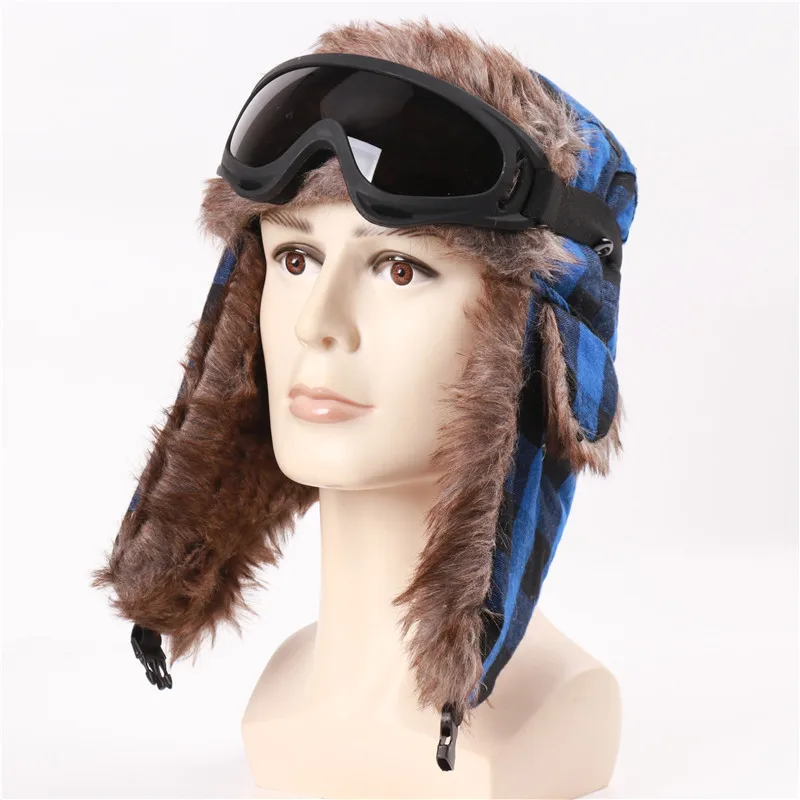 Plaid Design Winter Bomber Hats Women Men Thermal Faux Berber Fleece Earflap Cap Russian Ushanka Hat With Goggles mad bomber leather rabbit fur hat