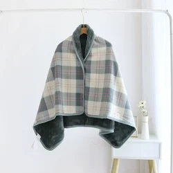 Cozy Plaid Fleece Poncho Blanket with Buttoned Wrap (Blue)