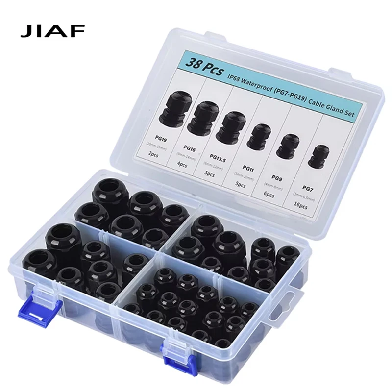 38PCS PG7-PG19 Plastic Waterproof Cable Gland Nylon Black Cable Fixing Joint PG13.5 With Gasket Range For 3-15mm Set
