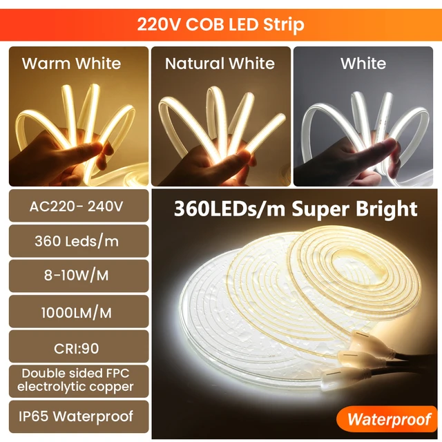 Tira de luces LED COB para decoración exterior, cinta Flexible de luz FOB,  impermeable, 220V, 288 Leds/M RA 80, alto brillo, 3000K, 4000K, 6000K -  AliExpress