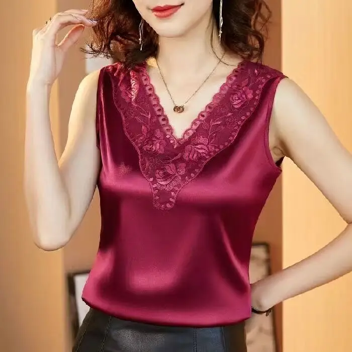 S457d7335ca81441dad58b4206e8bdd9c9 Korean Silk Women Blouses Shirt Woman Satin Blouse Tops Women Satin Lace Embroidery Blouse Top Woman V-neck Printing Shirts Tops Mallzona