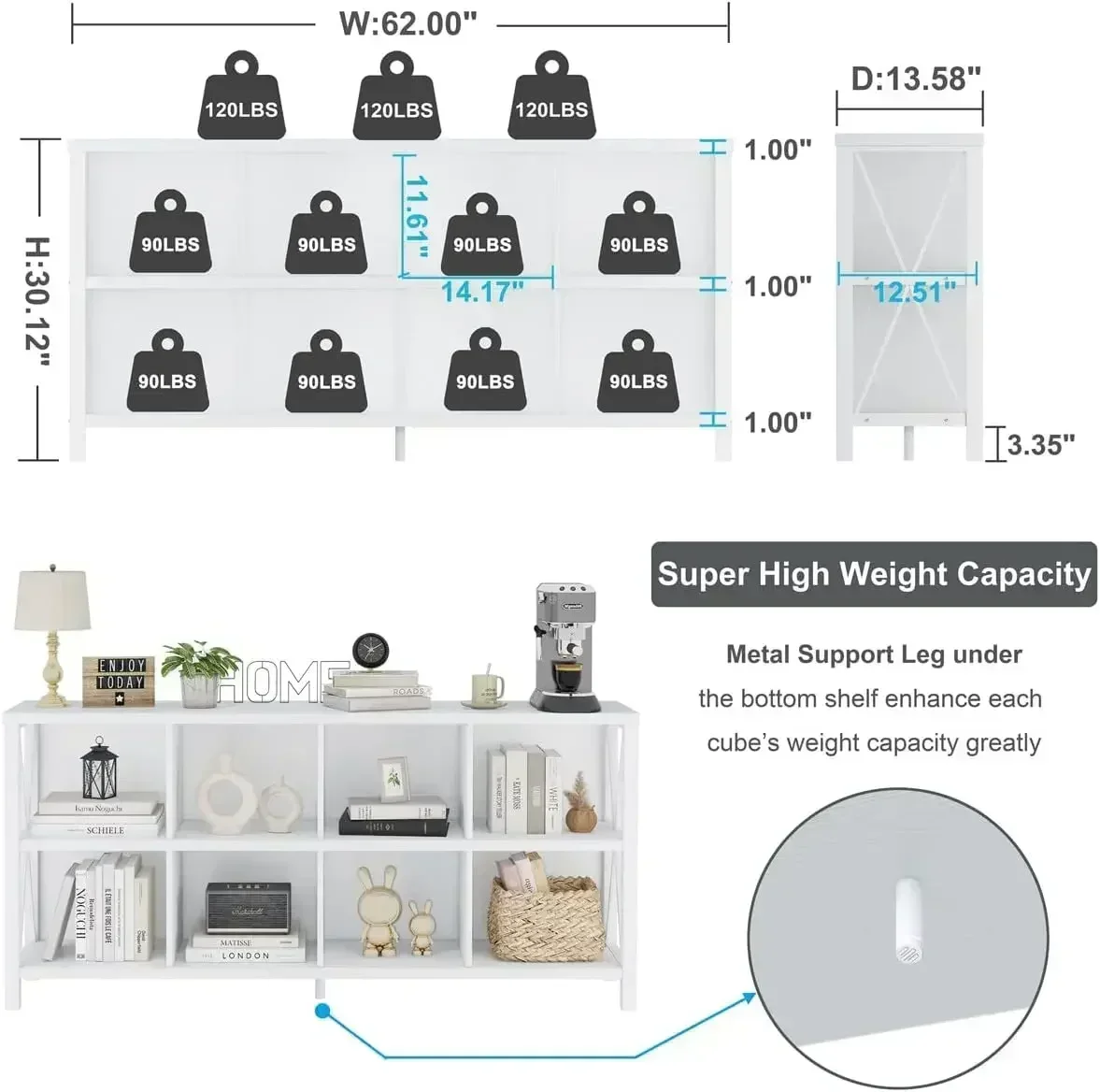 NEW-8 Cube Storage Organizer Bookshelf,Rustic Wood Cubby Bookcase,Industrial Horizontal Long Shelf for Living Room(White Oak,62I