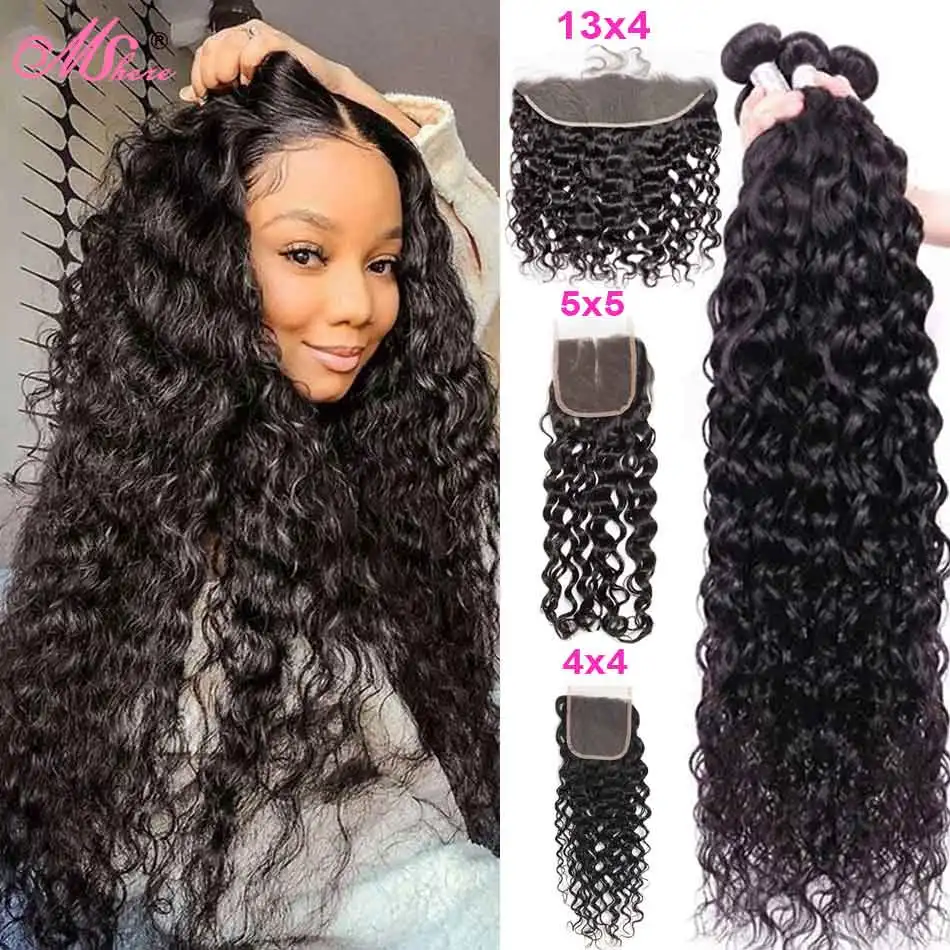 

Mshere Water Wave Bundles with Closure Human Hair Bundles With Frontal 13x4 Transparent Lace Frontal with Bundles with clousure