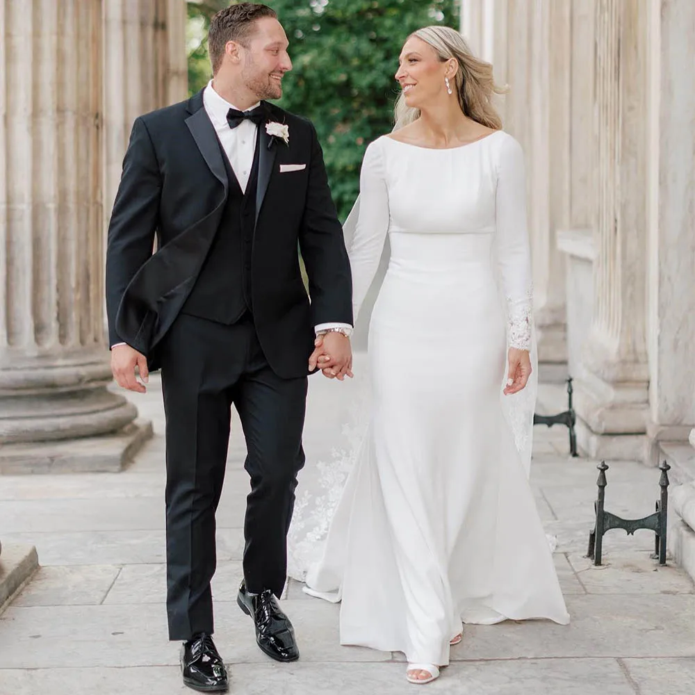 

Женское платье с открытой спиной, однотонное платье русалки с длинным рукавом и круглым вырезом, романтичные Свадебные платья для женщин