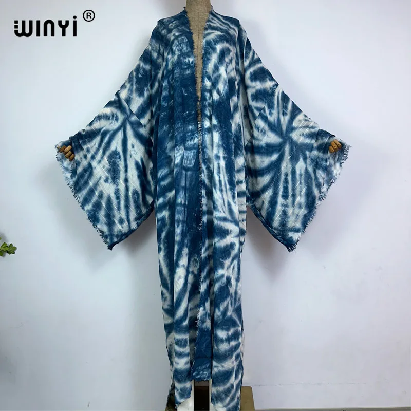 WINYI ženy bohémský tie-dye tisk elegantní ležérní šaty africký cardigans svrchní pro ženy léto sexy bavlna cit kimono