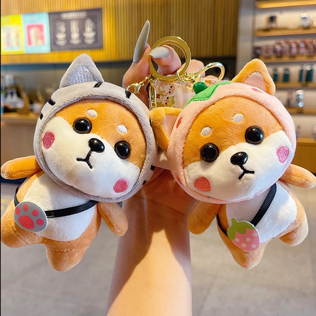 Cartoon Pink Strawberry Shiba Inu Plush Doll Toy Keychain