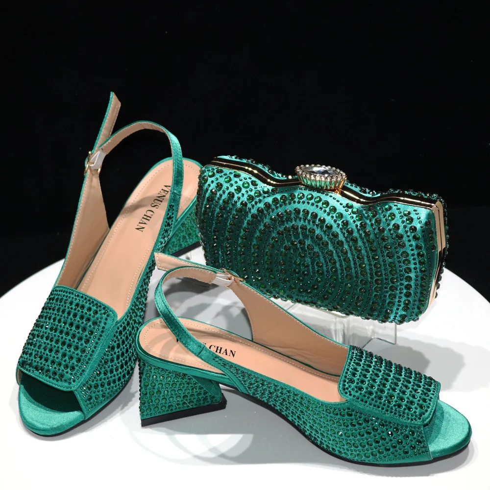 

Temperament Elegant Women's High Heels Skin Embossed Green Sandals Fashion Design Luxury Women's Party Shoe Bag Set