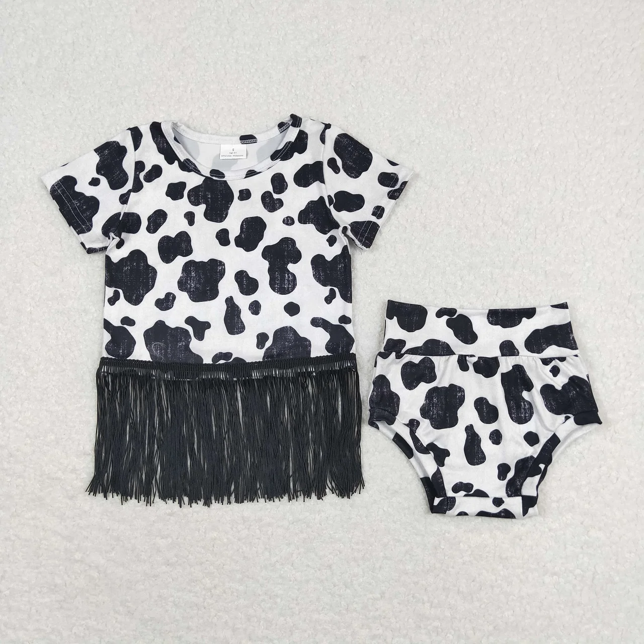 

Wholesale Kids Baby Girl Summer Outfit Children Short Sleeves Cow Tassel Tops Bummies Shorts Infant Toddler Two Pieces Sets