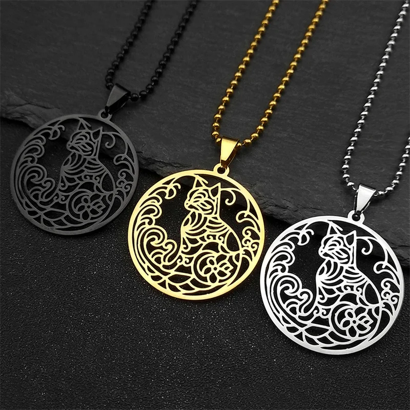 Edelstahl Katze Personalisierte Auto Anhänger Für Männer Frauen Schwarz Gold Farbe Hohle Blume Tier Pflanze Schmuck Geschenke – Detail 8
