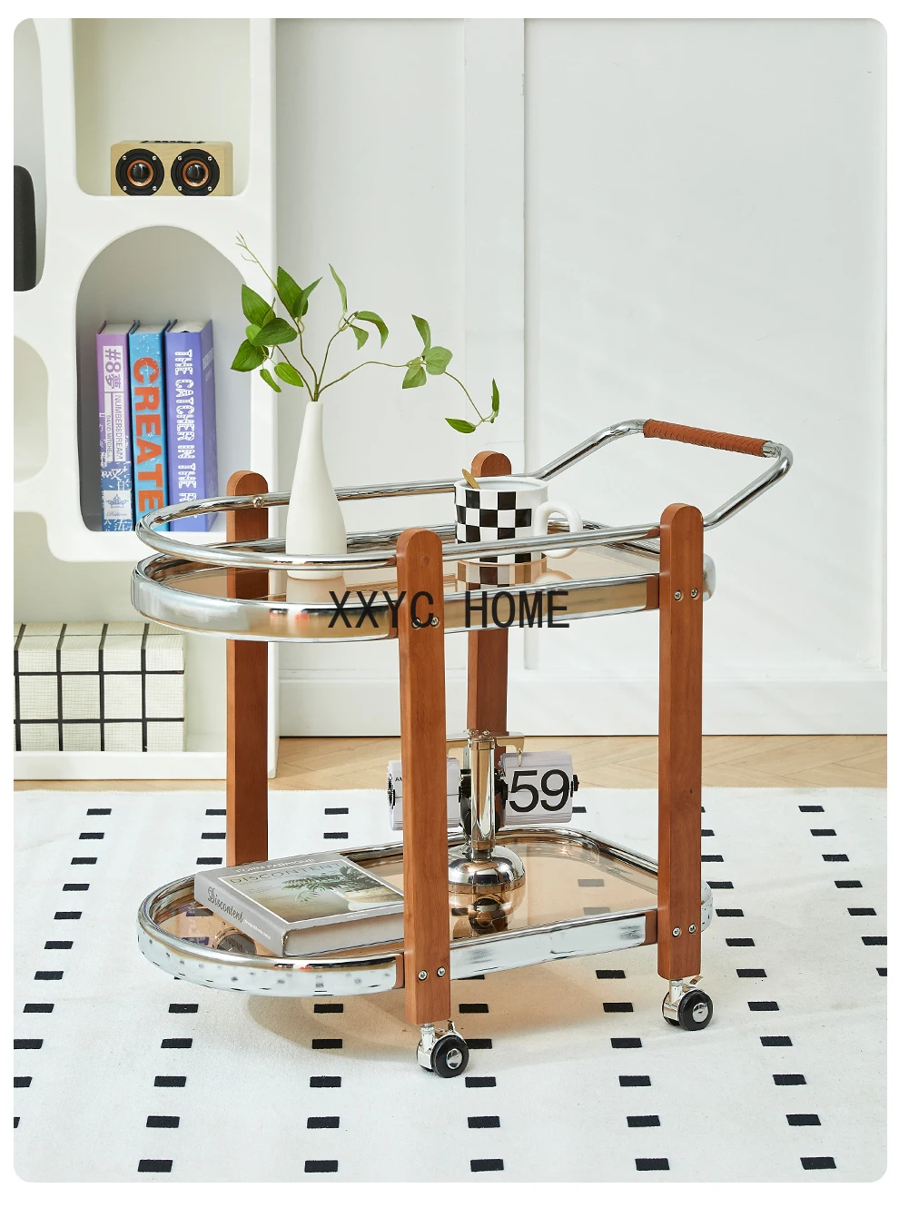 

Стеклянная стойка для хранения на колесиках из массива дерева, простой современный обеденный автомобильный мобильный диван, боковой стол