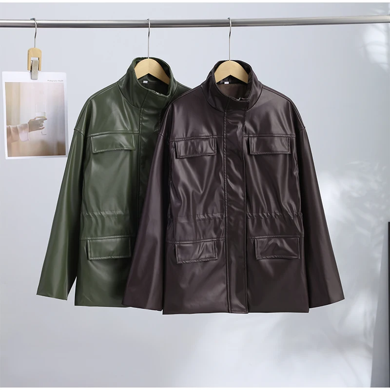 Women Waist Cinching Leather Jacket Solid Stand Neck Zipper Pocket Loose Jackets Lady New Vintage Fashion Street Outwear 2026