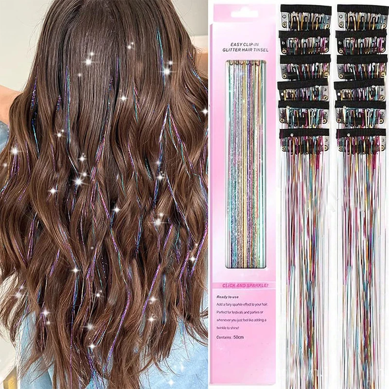 12 pieces of wig extensions, BB clips, laser gold wire, shiny ribbons, straight hair wig extensions