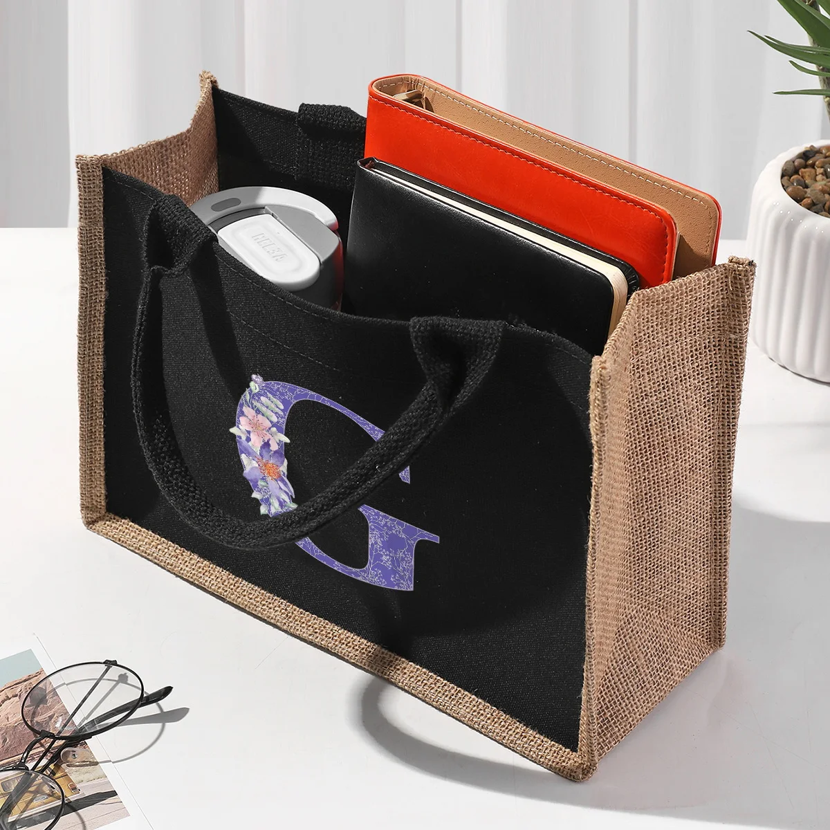 

Фиолетовая черная нашивка с надписью, льняная Холщовая Сумка, водонепроницаемая внутри, Вместительная женская сумка для хранения