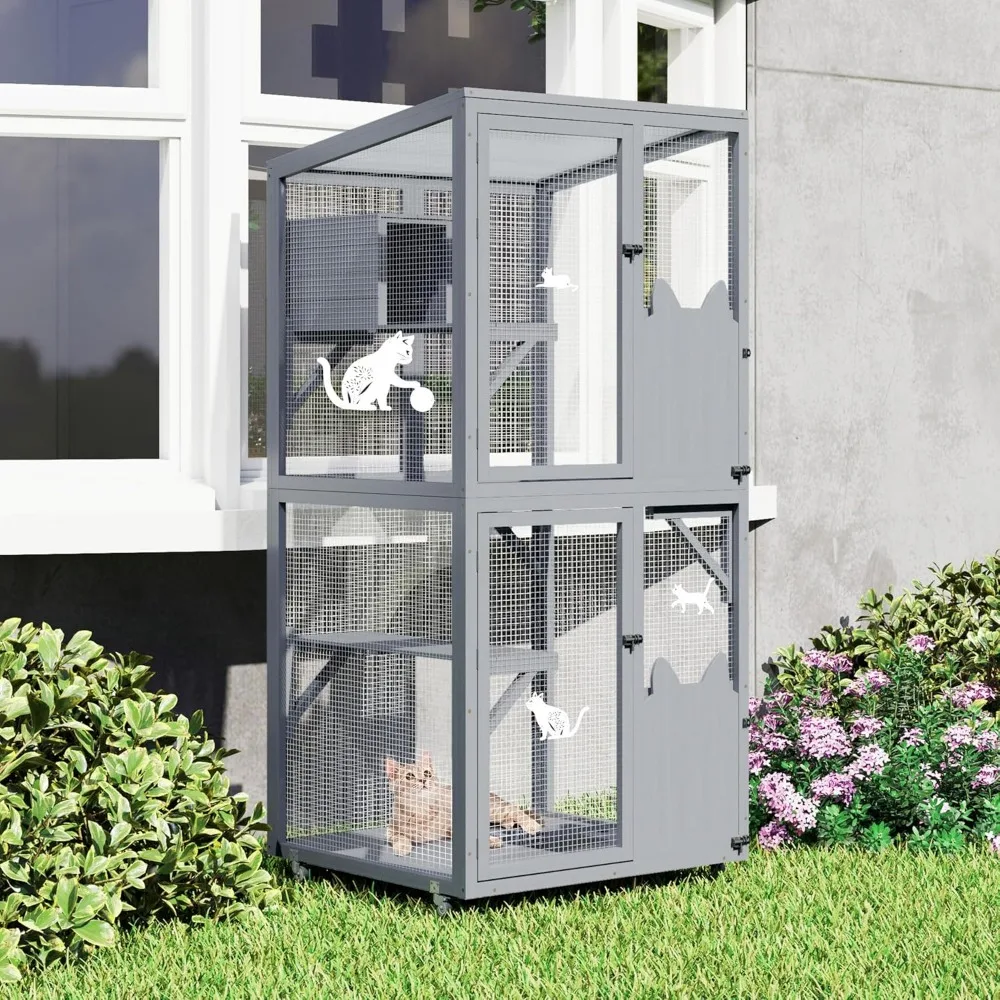 Outdoor Cat Enclosure Window Access, Outdoor Cat House with Wheels, Cage for Cats Indoor