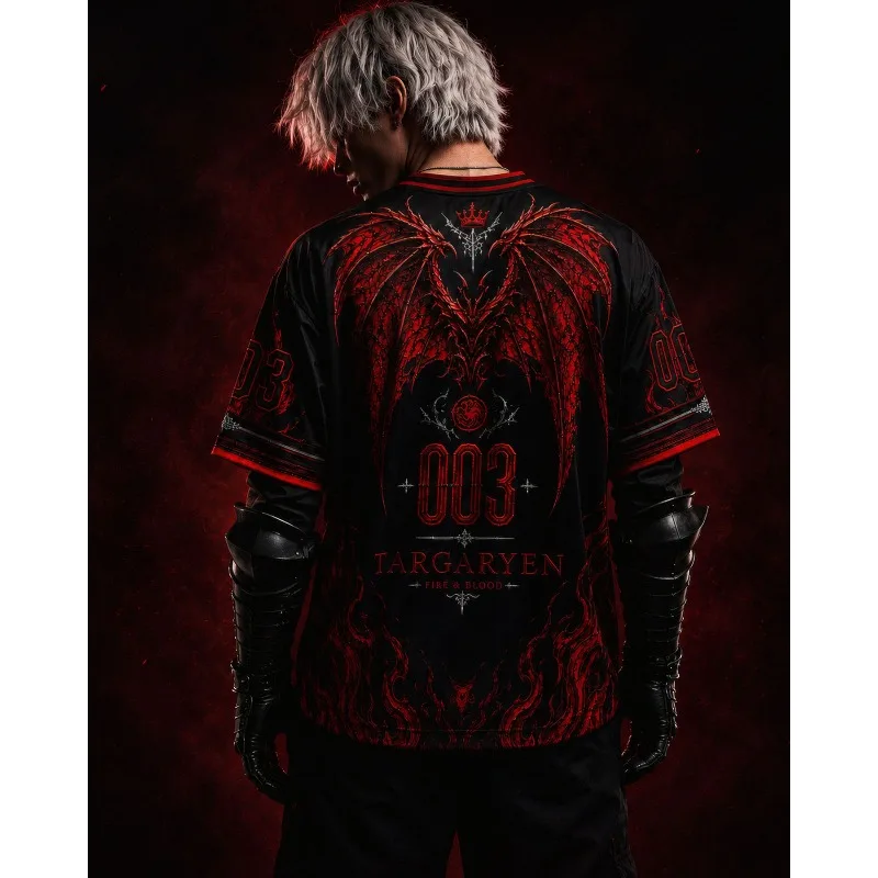 Herren Targaryen Drachen 003 Print Mesh Jersey Y2K Dark Fantasy Gothic Streetwear Oversized Sport T-Shirt Atmungsaktives Schnelltrocknendes Shirt
