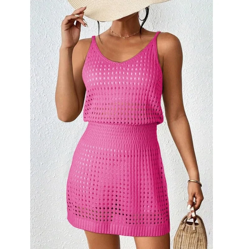 Women Summer Beach Dresses Crochet Hollow Out Knitted Bikini Swimsuits Swimming Cover Ups Dress