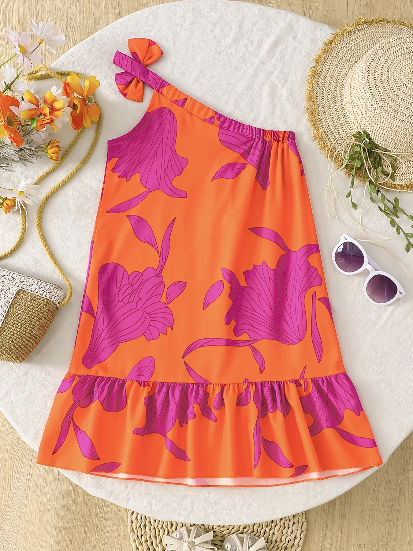Girls' Casual Dress, Children's Floral Print Dress with Off-Shoulder Design, Fashionable and Versatile, Suitable for Girls Aged 4-12 - 2