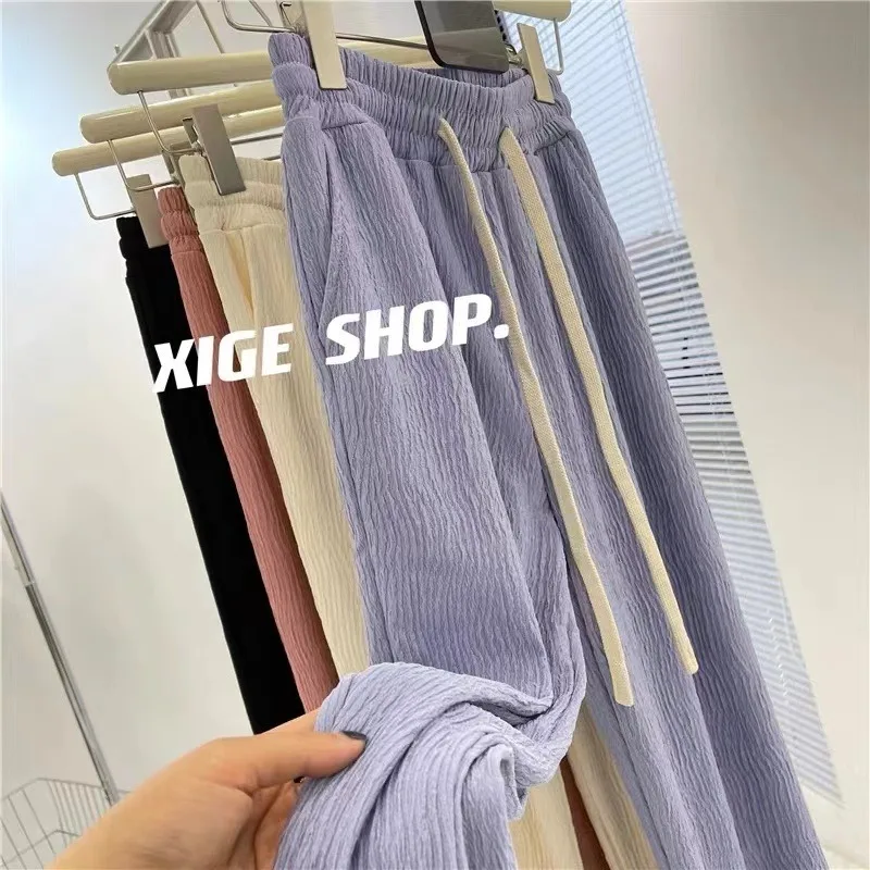 하이 웨이스트 드레이프 캐주얼 바지 여성 여름 얇은 루즈핏 슬리밍 와이드 레그 드래그 스트레이트 레그 바지 트렌디 