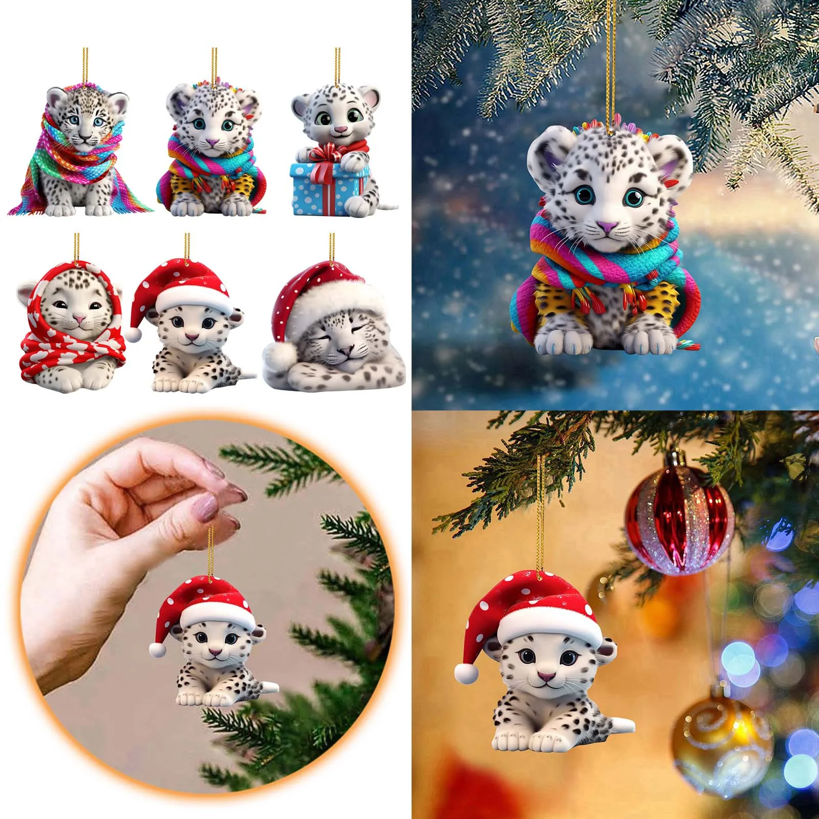 

Cute Snow Leopard Baby Cartoon Christmas Pendant 2D Decorations Doll Gift Key Chain Car Hanging Ornaments Home Xmas Party Decor
