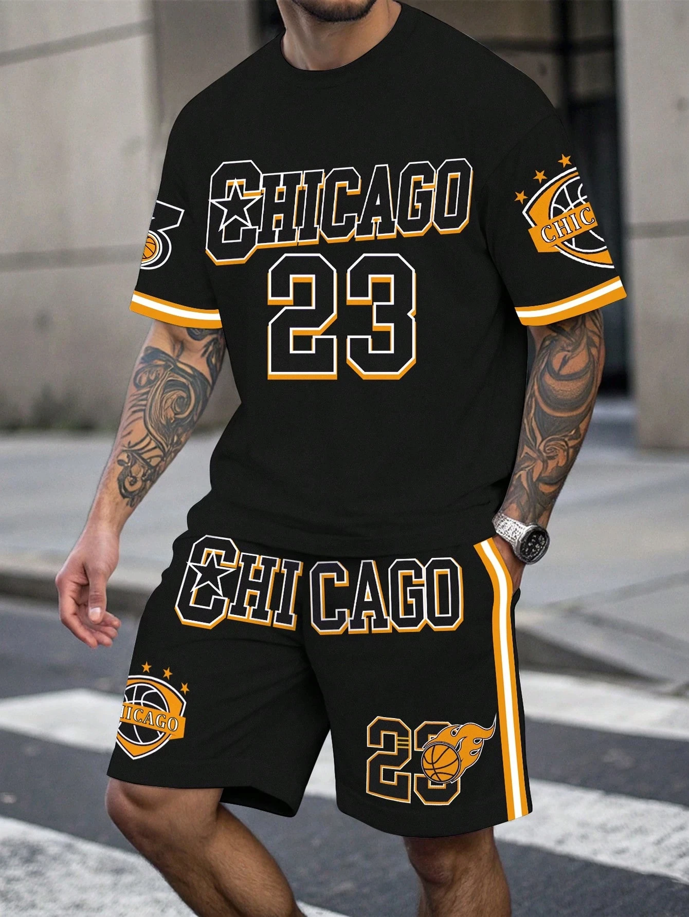 Ensemble haut et Short de sport à manches courtes pour hommes, grande taille, respirant, vêtements de sport de basket-ball, T-shirt et Short avec lettres imprimées, ensemble de 2 pièces 1