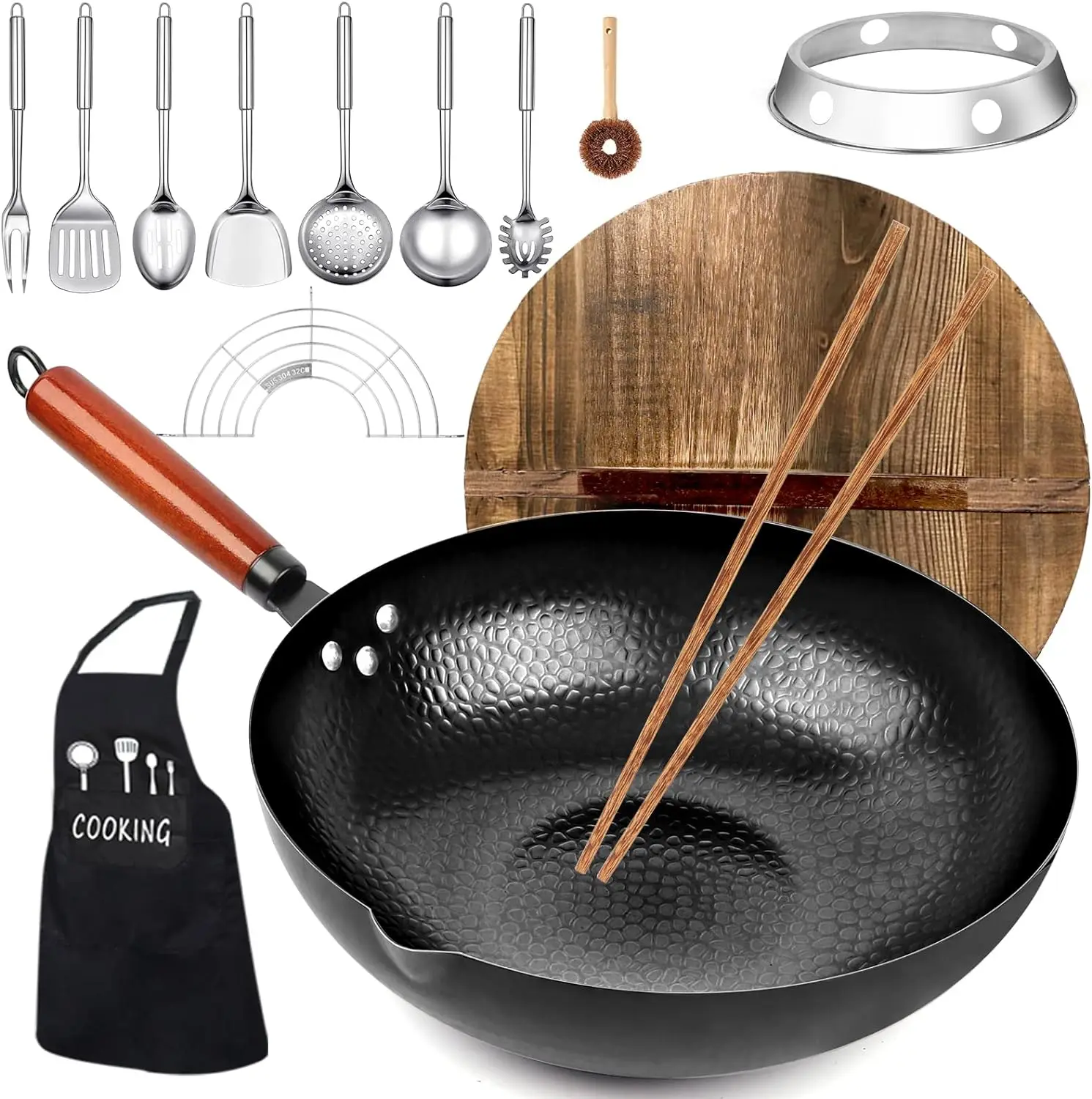 

Carbon Steel Wok Pan, 14 Piece Woks & Stir-Fry Pans Set with Wooden Lid Cookwares, No Chemical Coated Flat Bottom Chinese Pan