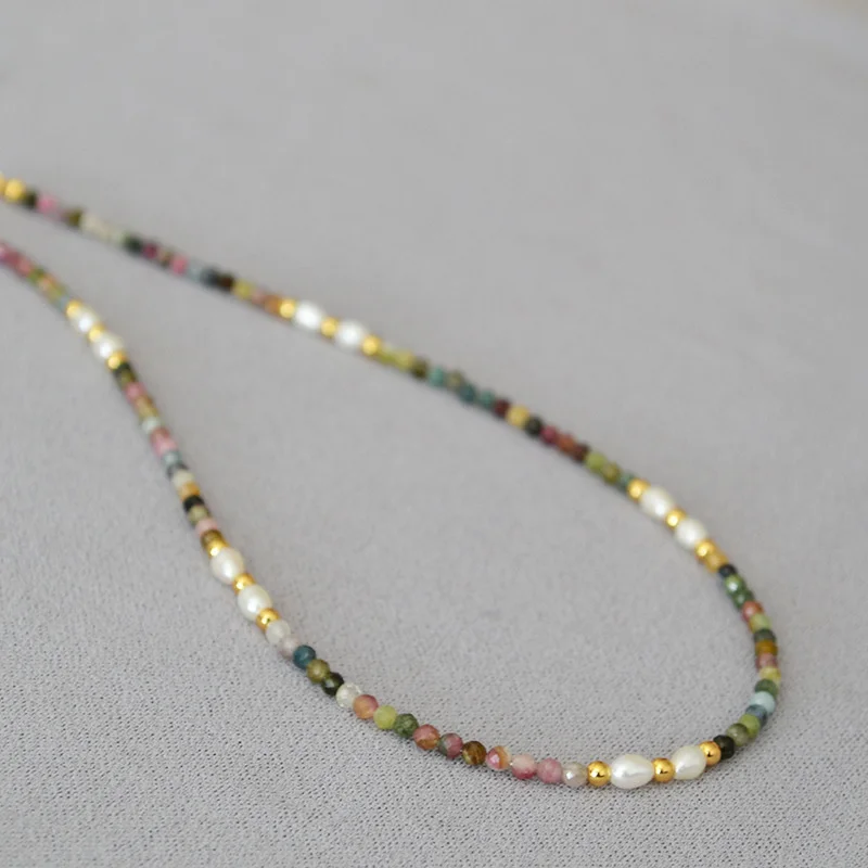 

French niche art colored tourmaline, real stone, freshwater rice grain pearl beads, short thin necklace, collarbone chain