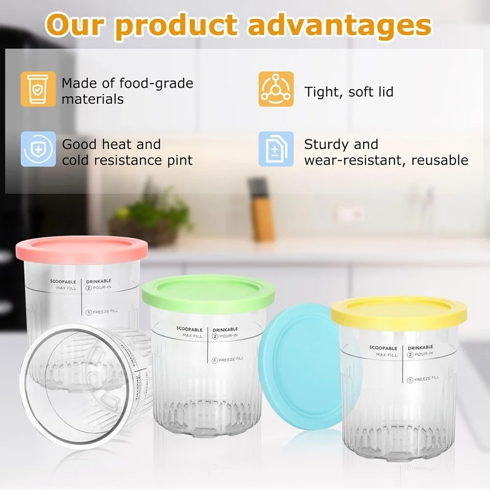 Description Picture 4 of item4 Pack NC500 NC501 Ice Cream Pint fit for Ninja Delux Ice Cream Maker, For Ninja Creami Deluxe Containers Hold 24 Ounces of Food