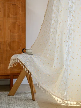 Tende in cotone floreale Boho Daisy con nappe, tasca per asta, tenda da cucina, soggiorno, tenda rustica per finestra bohémien 1