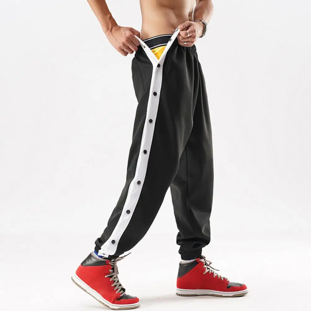 

Sports Trousers Elastic Waistband Jogging Trousers Pockets Side Buttons Men Pants Splicing Basketball Training Sweatpants